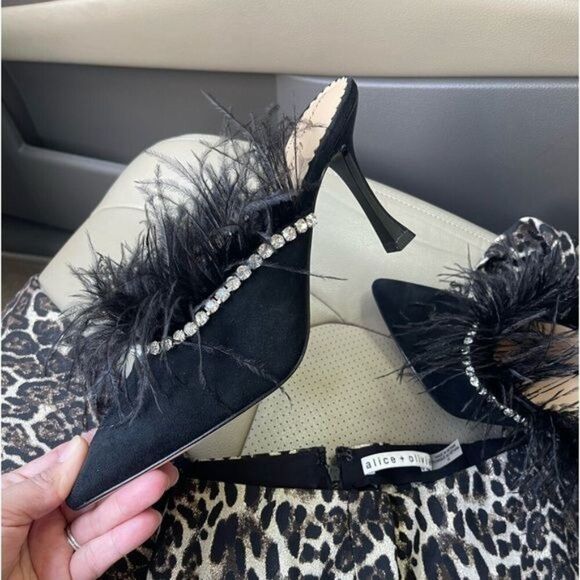 Antonio Melani x Nicola Bathie Liz Ostrich Feathers Rhinestone Suede Dress Mules - Picture 3 of 14